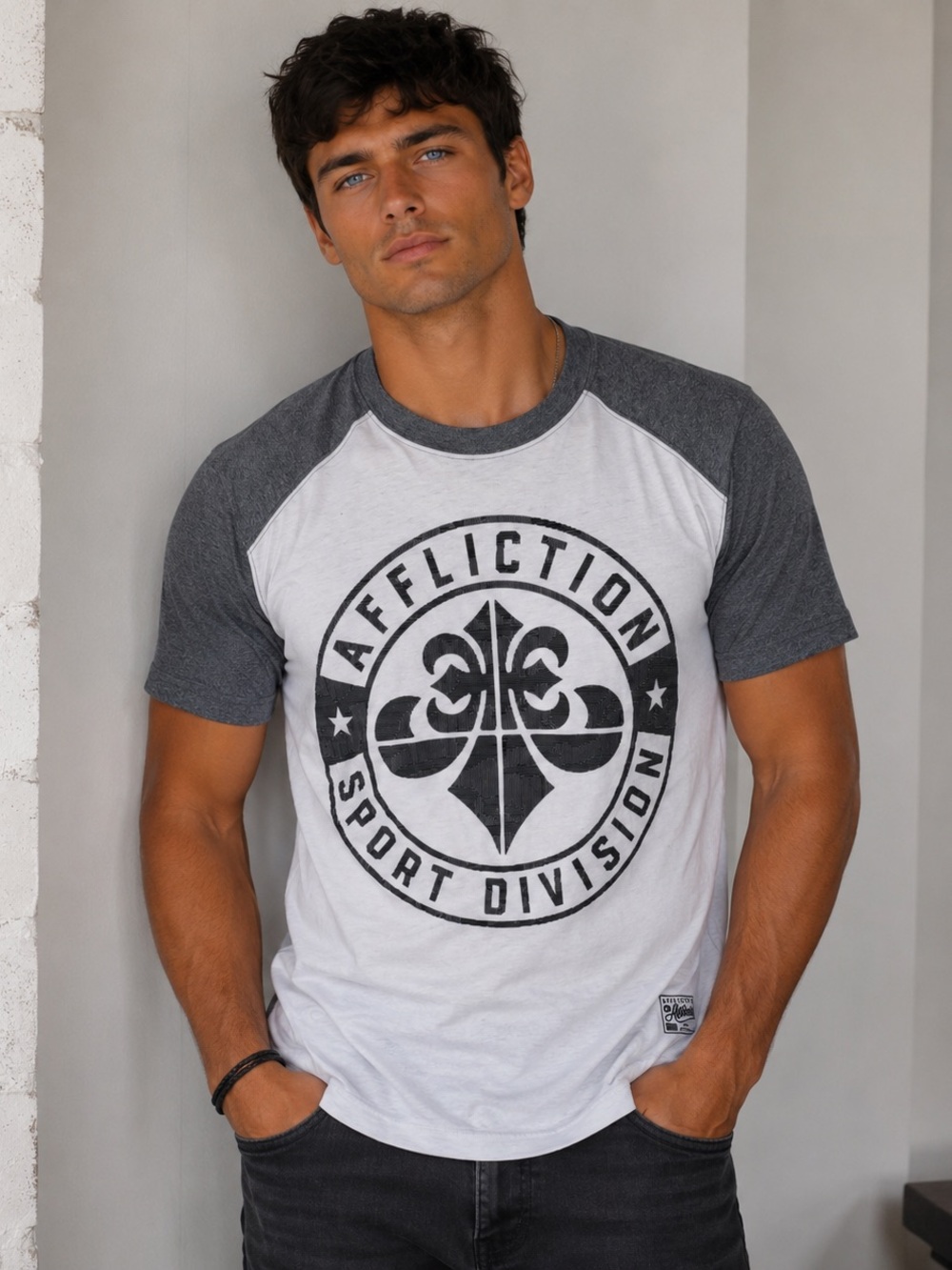 Affliction White & Charcoal Raglan Sport Division Graphic Tee